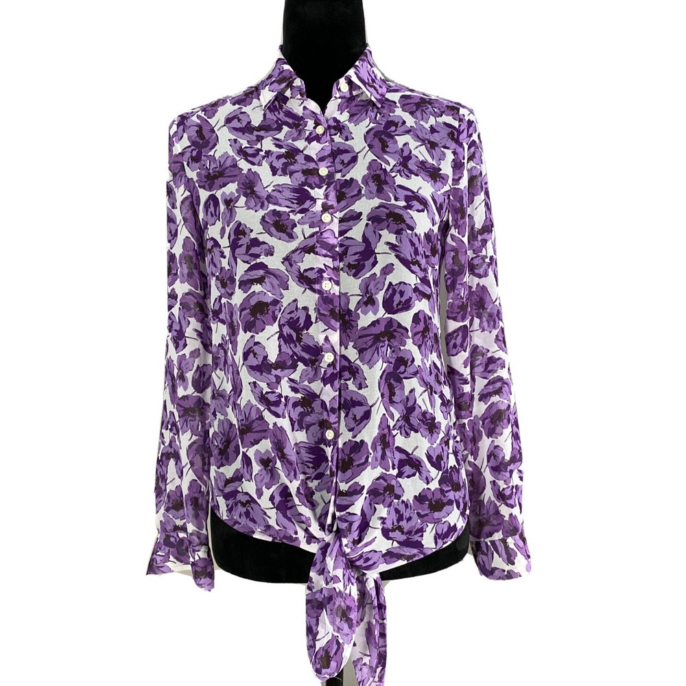 Banana Republic Top 0 White Purple Floral Sheer Button Down Tie Long Sl Sheer XS